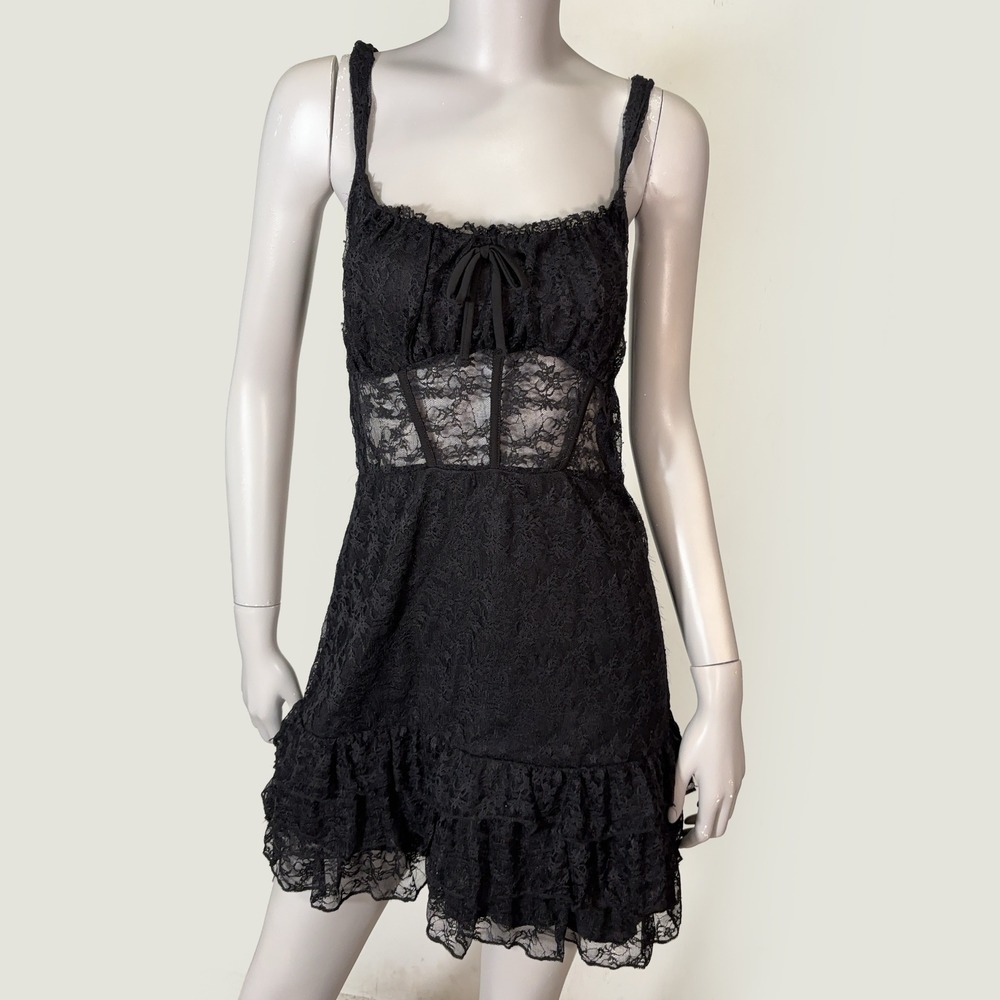 Black Lace Corset Mini Dress Womens L Whimsygoth Goth Fairycore